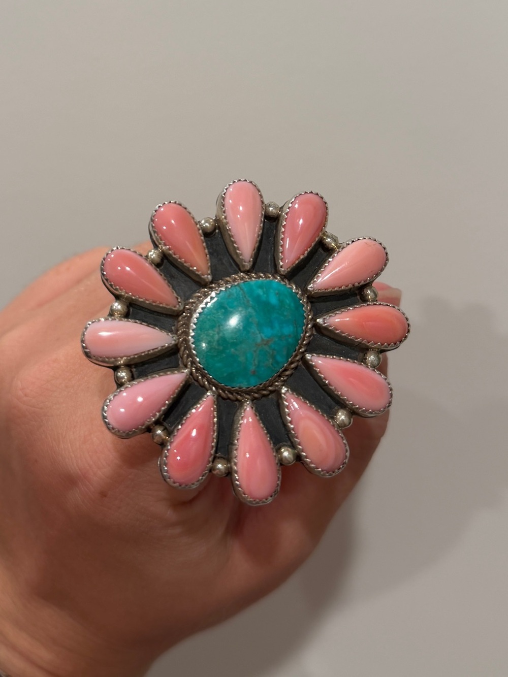 Handcrafted Pink Petal Turquoise Statement Ring